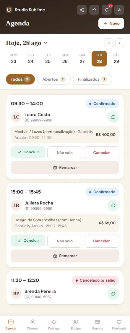 Tela de agenda do Upgenda, onde a equipe vê os horários agendados