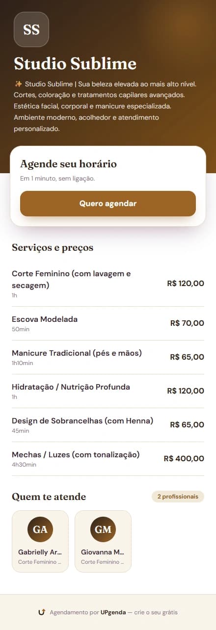 Mini-site público de um salão, com serviços, preços e equipe